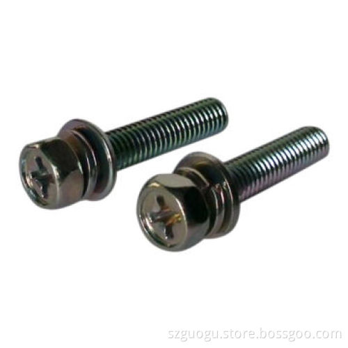 Cross recessed hexagon bolt with indentation, single coil lock washer and plain washer assemblies